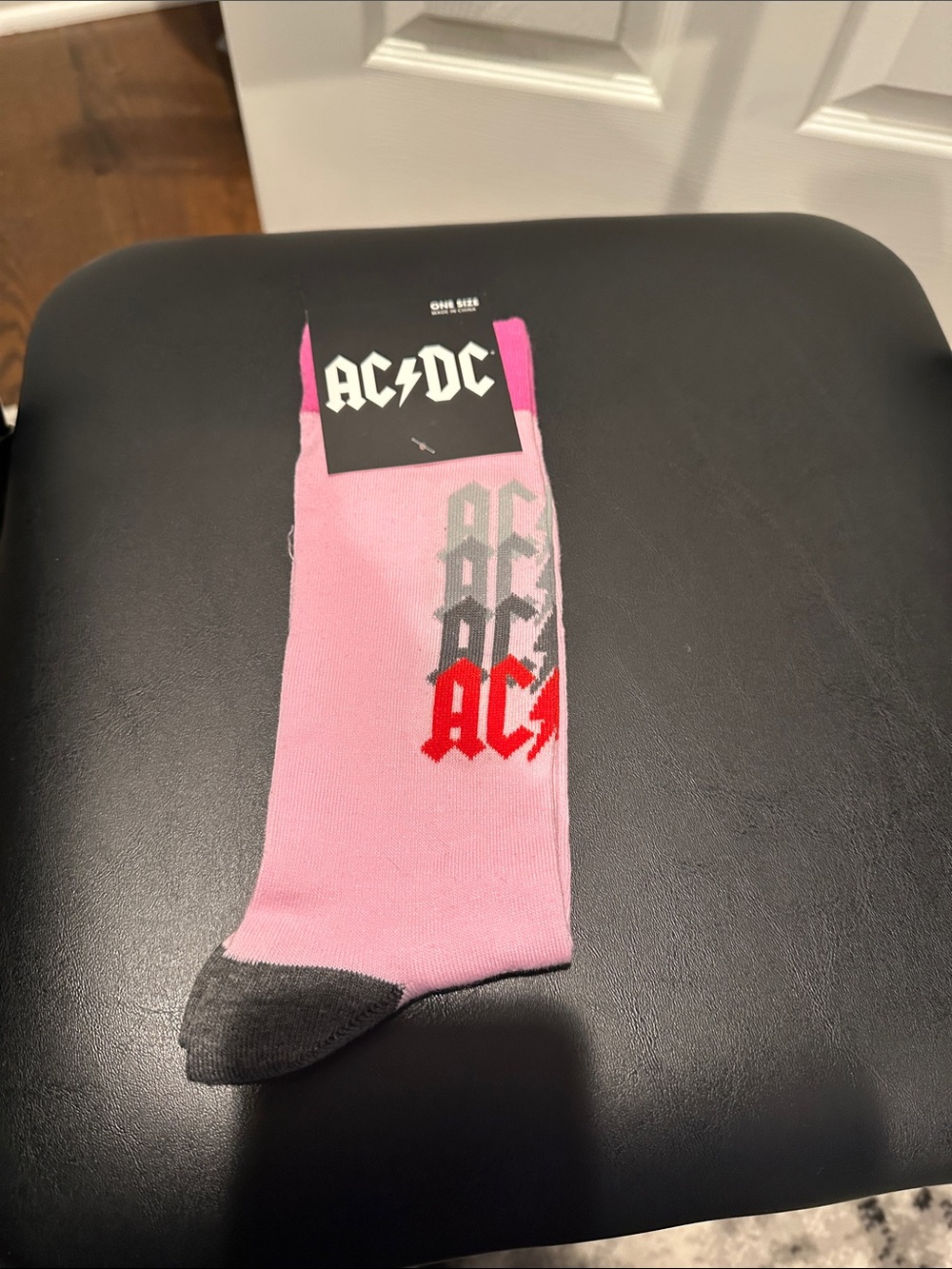 AC/DC Pink Crew Socks with Red and Gray Logo Accents